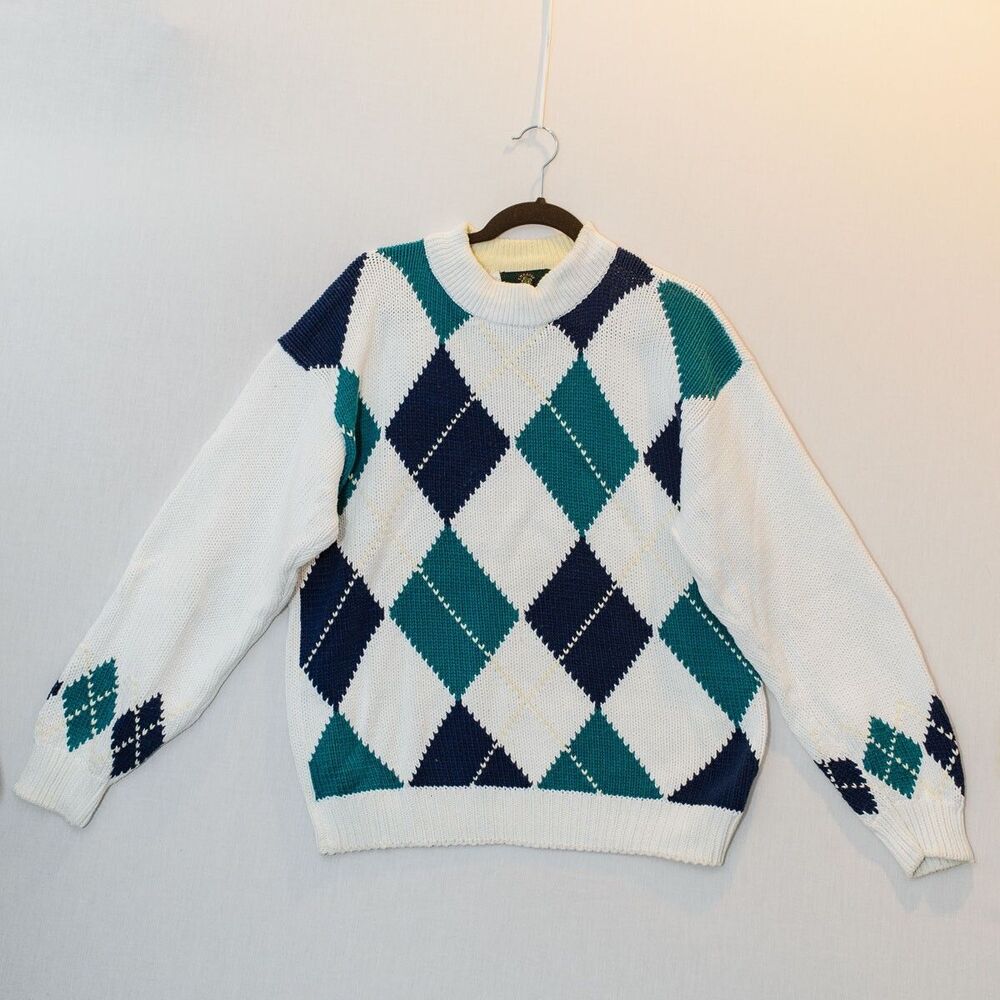 Embassy Row Argyle white green blue crew neck sweater L Preppy grandpa VTG